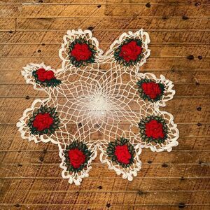 Handmade Irish crochet red roses 22 inch grandma doily